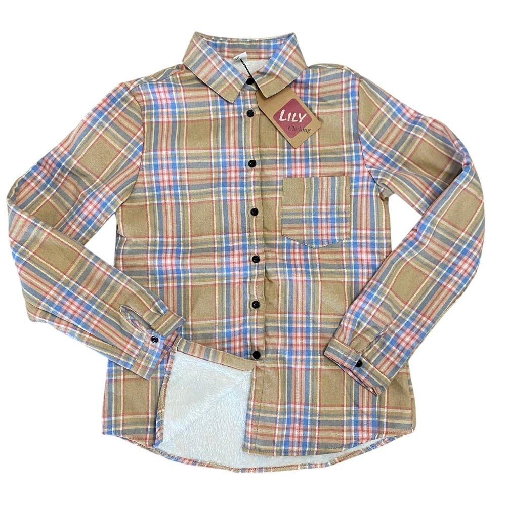 Lily girls Flannel Shirt Long Sleeve Button Down Plaid Cozy Casual Size S